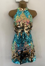 Karen Millen Size 10 STUNNING DISC SEQUIN HALTER DRESS IN TURQUOISE 