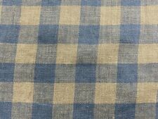 French Vintage 100%Linen Fabric Gingham Check Petrol BlueGrey Curtain Upholstery