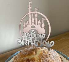 Disney Princess Cinderella Castle Happy Birthday Cake Topper Acrylic Pink Silver