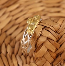 925 Sterling Silver and Gold Vermeil Celtic Claddagh Band Ring J-T Sizes Boxed
