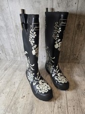 Joules Women's Tall Wellies wellys Adjustable Back black Floral  size 6