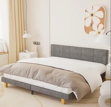 Modern Upholstered Bed Frame w/ Tufted Headboard, Grey Linen, Double Size