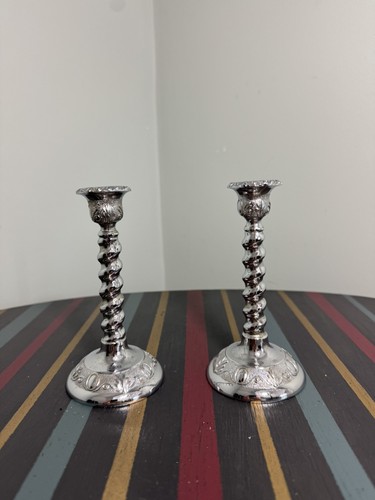 Pair silver metal candlesticks - silver,