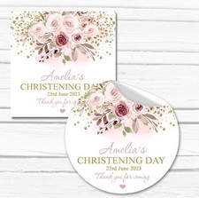 Personalised Christening Stickers Baptism Labels - Boho Blush Pink Flowers