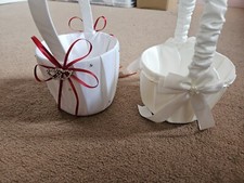 Satin Wedding Flower Girl Basket  Decor - White/Red