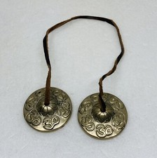 Vintage Solid Bronze Tibetan Ornate Tingsha Bell Meditation Leather Strap C3