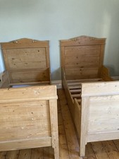 Pair of French Rustic Carved Single Sleigh Beds – Solid Light Wood, Dismantles. 