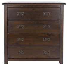 Chest of 4 Drawers Solid Pine Dark Wood Dresser Metal Handles Lacquered Finish