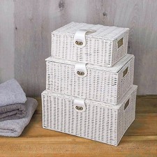 Wicker Storage Basket White x3 Laundry Hamper Stackable Lid Lock Home Decor