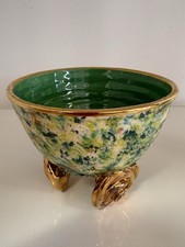 Mary Rose Young Gold Flower Footed Hand Made Mottled Green Gold Rim Bowl Signed