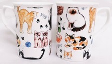 Cats Collage Mugs Set 2 Fine Bone China Multicolour Cats Cups Hand Decorated UK