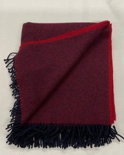 PURE WOOL Fringed Throw/Blanket/UK WOVEN. Blue/Red Twill. Free P+P