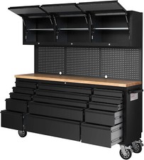 72" Black Steel 15 Drawer Tool Chest with Wooden Top, 3 Cabinets & Peg Board