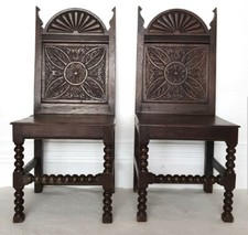 A Pair Of 17th Century Carved Oak Hall Chairs, Antique, Charles I, Restoration.