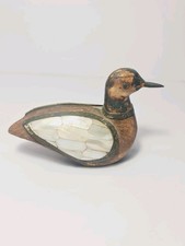 Vintage Hand-Carved Wooden Duck Figure with Mother-of-Pearl Inlay Wings & Metal