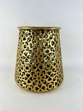 Large Gold Tone Reticulated Ornate Hurricane Lantern Wide Lip Moroccan Style