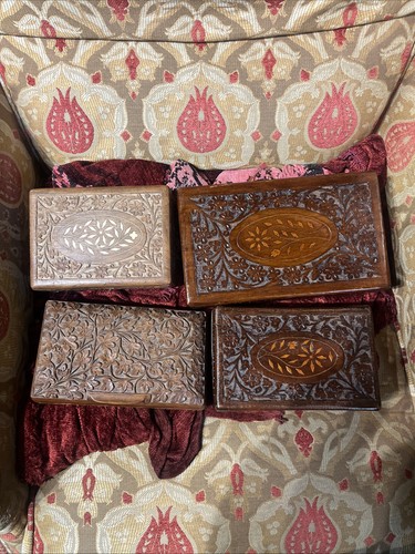 Four indian carved wood boxes - wood,