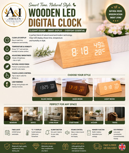 Wooden led digital alarm clock - wooden,
