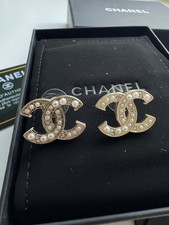 Gold White Black Pearl Diamanté Stud Chanel CC Earrings 