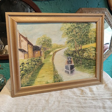 Original Oil Painting Canal Boat Barge Narrowboat Framed Vintage