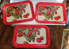 3 Vintage Metal TV Serving Trays MCM STRAWBERRY 14.25 x 8.75 Shabby Chic