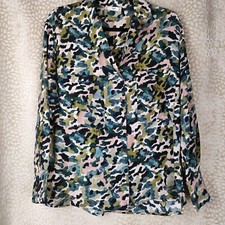 Mango Suit Womens Shirt Button Down Camo Print Side Splits Chest Pockets Size L