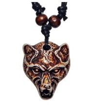 Wolf Head Pendant Necklace Brown SURFBOARD Leather Cord Surfer Gift for Him Men
