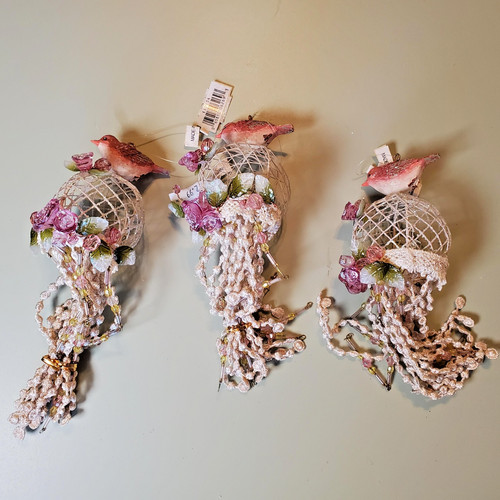 Pink bird cage floral beaded - pink,