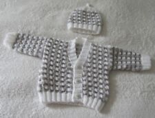 Hand knitted cardigan and hat set in white and grey stripes new born baby boy