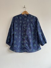 ANOKHI for EAST Blouse size 18 Blue Green Cotton Floral Block Print Button Up