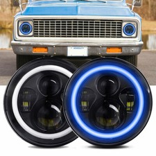 Pair 7" inch Round LED Headlights HI/LO Blue Halo For Chevy C10 C20 Camaro Nova