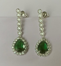 CRUISE White Gold Filled Drop Dangle Earrings Pear Emeralds & Sim Diamonds BOXED