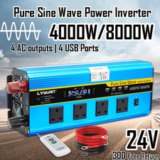 4000W 8000W Pure Sine Wave Power Inverter 24V-240V 4USB 4AC LCD Remote Camping