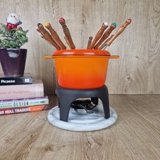 Quality Vintage Orange Cast Iron Fondue Set Pot With Stand 12 Forks and Burner