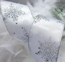 1m x 63mm Silky Wired Christmas Ribbon White and Very Sparkly Silver Snowflakes