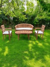 Teak Banana Curved Garden Bench Set Bench Coffee Table & Two Chairs