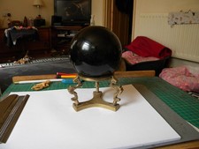 Antique Obsidian Crystal Ball - Heavy Brass Ornate Metal Stand - Scrying