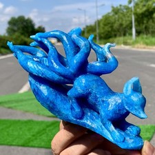 400G Natural blue apatie Mineral Hand carving nine-tailed fox Crystal Ornament