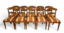 Set of 10 Regency Style Walnut Dining Chairs – Inlaid & Upholstered