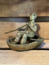 Man Rowing a Coracle Boat Aged Brass Metal Ornament #MYA93
