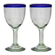 Blue Rim Wine Glasses Hand Blown in Mexico - Set of 2