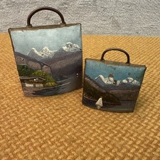 Vintage Swiss Cow Goat Bells Alpine Scene Hand Painted Decorative  x 2