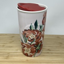 2015 Starbucks Ceramic Travel Mug Tumbler Pink Floral Flowers Red Lid 10 oz