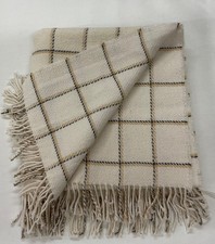 PURE WOOL Fringed Throw/Blanket/UK WOVEN. Natural-Ochre/grey Check Free P+P