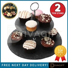 CAKE STAND 2 TIER NATURAL SLATE TRAY AFTERNOON TEA WEDDING PLATES PARTY SERVING