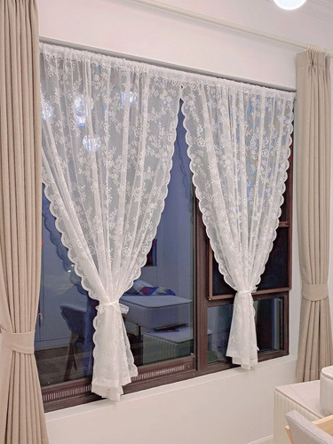 White lace net curtains - lace, floral