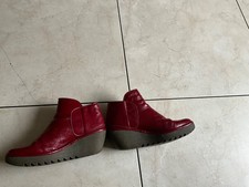 Fly London Women’s UK 7.5 red Patent Leather Yogi Ankle Wedge Boots VGC