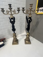 Pair Brass Metal Decorative Figural Three Arm Candelabras Empire Style 24” 