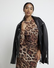 River Island Womens Brown Midi Bodycon Animal Dress 10 Petite