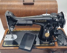 Vintage Singer Electric Sewing Machine 201K in Wooden Case & Box of Attachments